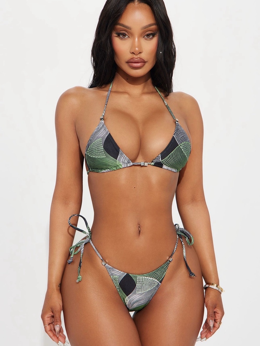 Fashion Nova Green Patterned Triangle Bikini Set